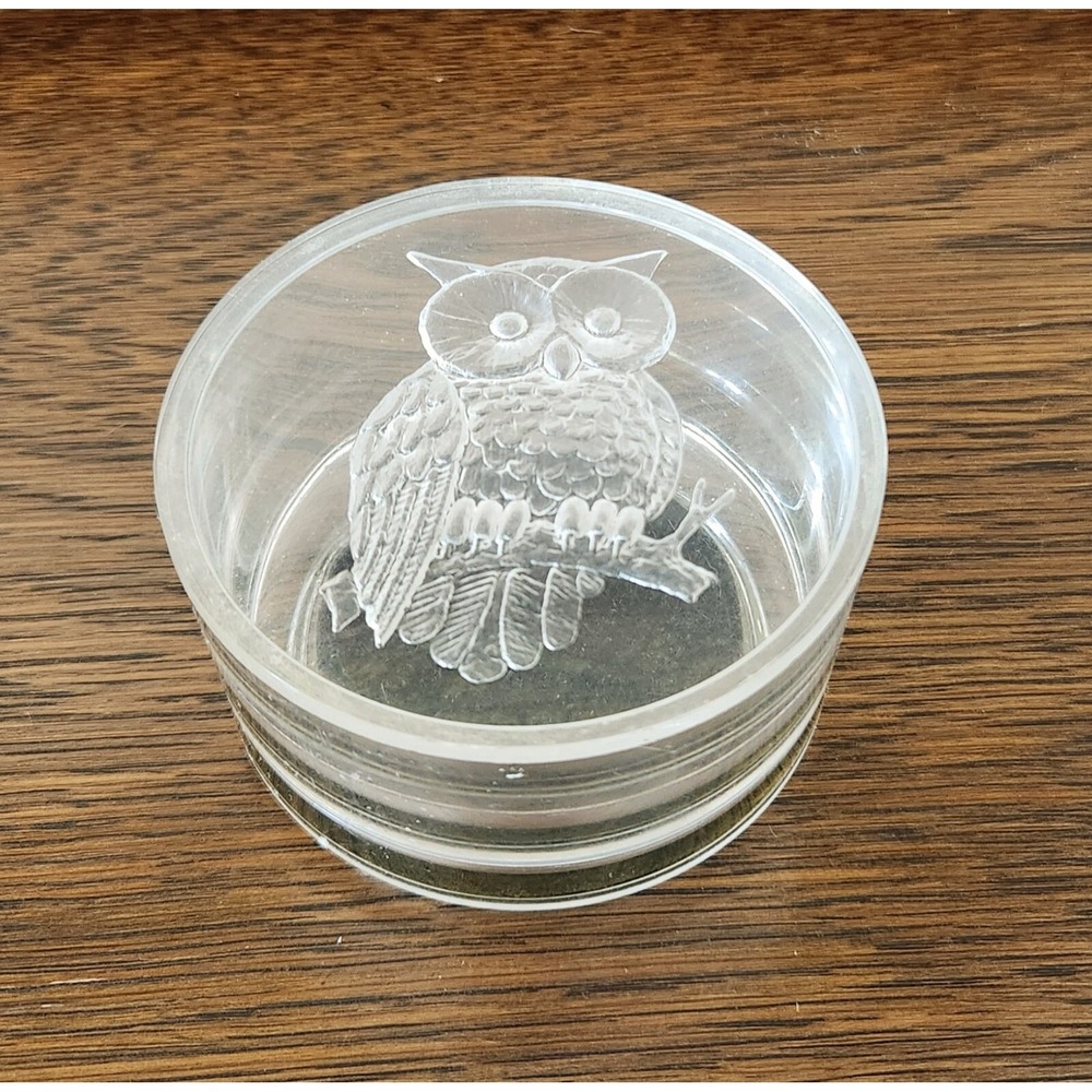 Vintage Round Clear Lucite Intalgio Owl Lidded Trinket Box Dish